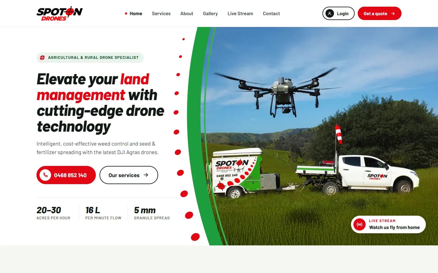 The home page: a spray drone over the paddocks, with the service figures beside it